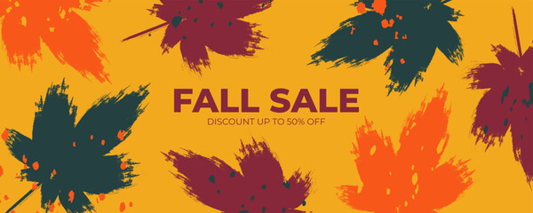 Fall Sale commercial background with brush stroke autumn maple leaves for Autumn Season shopping promotion and seasonal sale advertising. Vector illustration.