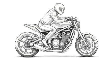 Fototapeta premium Line art illustration showcasing a motorcyclist riding a custom bike on white