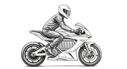 Modern electric motorbike illustration with a rider in full gear outline