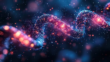 Vibrant DNA Helix: A stunning visualization of genetc structure, showcasing luinous particles and cosmiccolors, perfect for biotecnology and science-themed rojects.