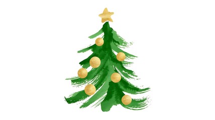 Obraz premium Watercolor Christmas Tree Illustration Festive Season Holiday Celebration Green and Gold Decoration on White Background