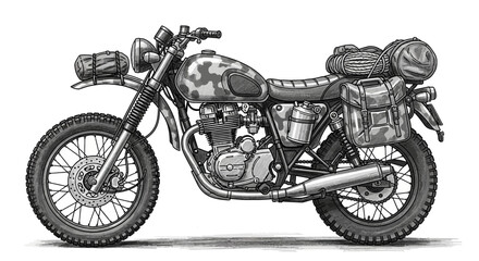 Fototapeta premium Monochrome adventure motorcycle design with camping equipment on white backdrop