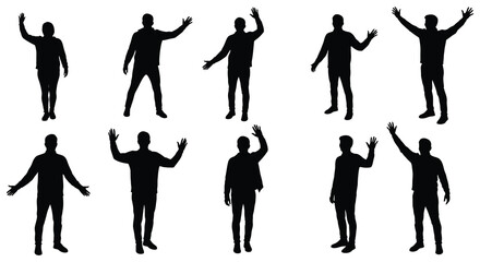 Collection of black silhouettes of men in various poses and gestures
