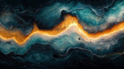 Abstract cosmic landscape with vibrant orange and dep blue waves, evoking a sese of mystery and wonder, erfect for modern design ad artistic projects.