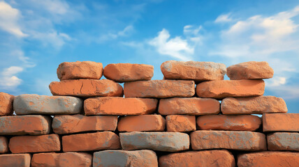 Fototapeta premium Partially built red brick wall under bright blue sky with scattered clouds, showing rough texture and uneven stacking of bricks in warm sunlight