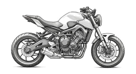 Monochrome drawing showcases a powerful, detailed motorcycle design concept