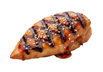 Grilled teriyaki chicken breast, glistening with sauce and sesame seeds, displayed against a stark black background.