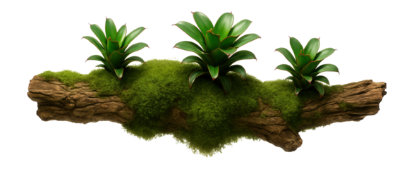 Epiphyte-laden branch with mossy textures and small bromeliads attached