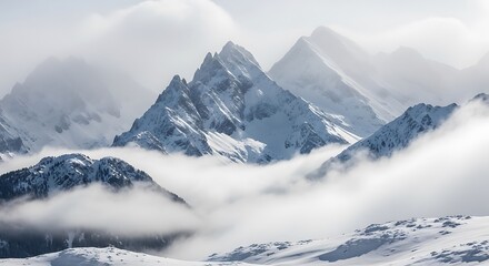 Snowy Mountain Peaks in a Misty Landscape.
