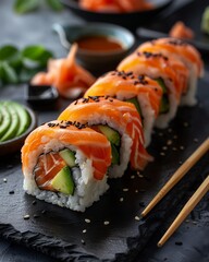 Fresh Salmon Avocado Sushi Rolls on a Dark Slate Plate