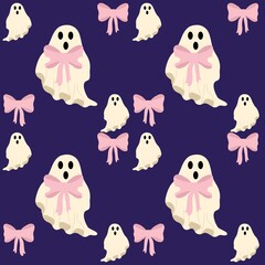 Halloween Seamless Pattern with Cute Ghosts and Pink Ribbons, Pastel Kawaii Spooky Illustration for Textile, Wrapping Paper, Digital Background