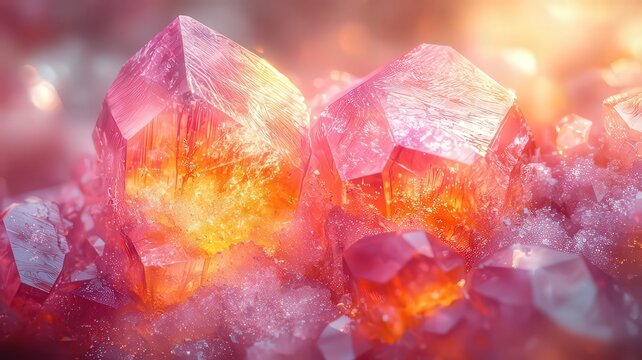 Stunning pink and orange crystal formations glimmerig with light, perfect for ellness, beauty, or luxurythemed projects.