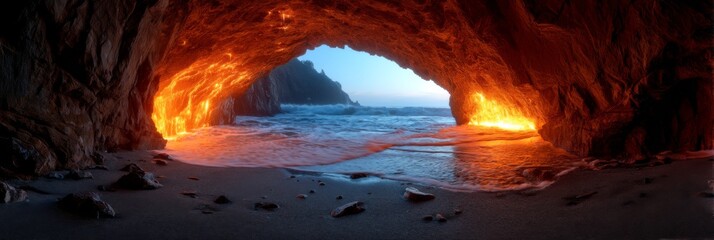 Breathtaking cave with glowing lava at sunset illuminating ocean waves and sandy beach in dramatic landscape scene