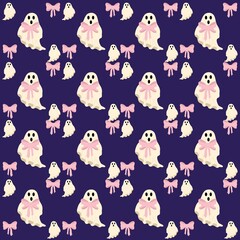 Seamless Halloween Pattern with Kawaii Ghosts and Pink Bows, Cute Pastel Spooky Repeat Design for Scrapbooking, Wallpaper, Fabric, Digital Print