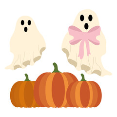 Cute Halloween Ghost with Pumpkins PNG Clipart Illustration | Pastel Kawaii Spooky Character for Fall Autumn Holiday Decoration