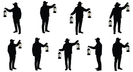 Silhouettes of men holding lanterns in various poses and directions © Siam Studio