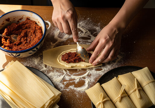 Hands preparing traditional homemade tamales on a wooden table