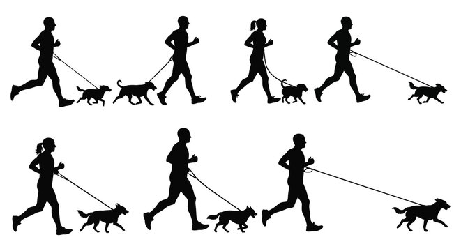 People walking dogs in various poses and silhouettes on white background