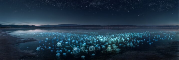 Ethereal Night Landscape with Glowing Jellyfish in Calm Water Under Starry Sky