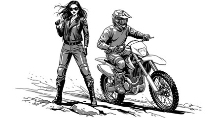 Outdoorsy motorbike lifestyle with woman and man riding with motorcycle