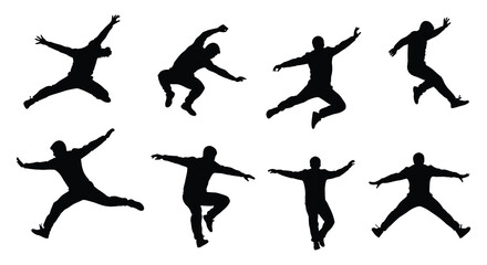 Silhouettes of people jumping in various dynamic poses and movements