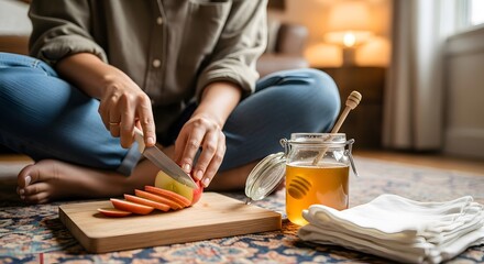 Woman seated on floor, preparing a meal, slicing a tomato on a cutting board.