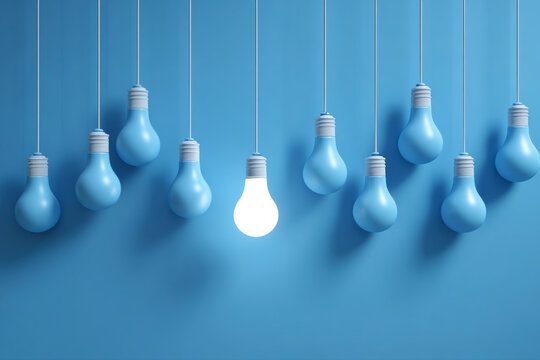Illuminating Idea: A row of blue lightbulbs hangs, with one brightly lit, symbolizing innovation and insight.
