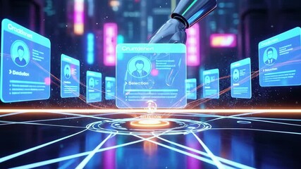 Futuristic digital interface displaying user profiles with a robotic hand interacting in a neon city - Powered by Adobe