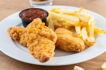 Crispy fried chicken tenders with french fries on wooden table