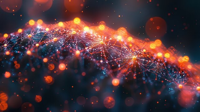 Abstract digital landscape with glowing nodes and inerconnected lines, symboliing innovation and technolgy in a vibrant, futuristi setting.