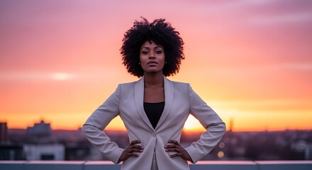 Powerful woman on rooftop at sunset