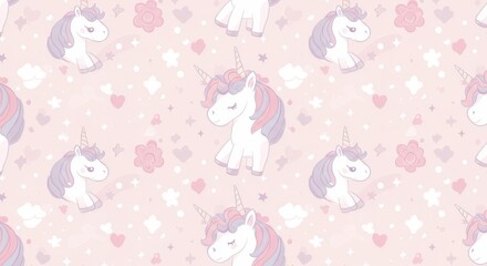 Cute Unicorn Pattern with Flowers Hearts and Stars.