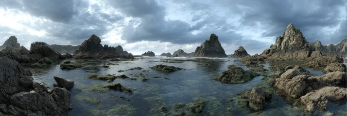 Fototapeta premium Serene Coastal Landscape with Jagged Rocks Under Dramatic Cloudy Sky at Low Tide during Early Morning Light