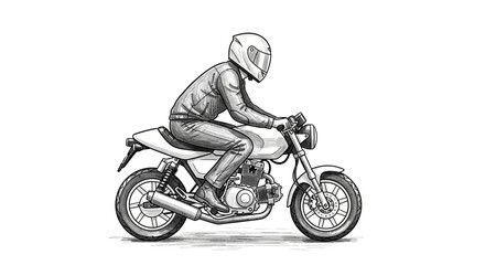 Sketch of a motorcyclist riding a modern cafe racer motorcycle on white