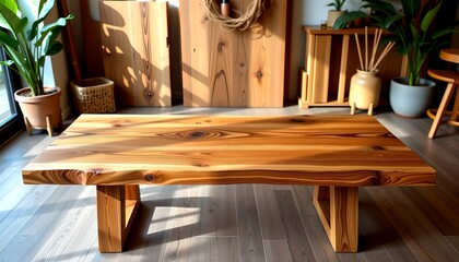 A beautifully crafted wooden table in a room filled with plants, showcasing its natural wood grain