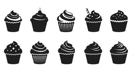 Collection of black and white cupcake silhouettes with various frosting designs