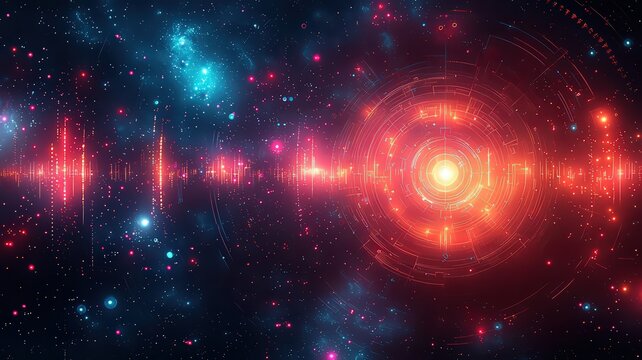 Vibrant cosmic sound waves radiate from a central glwing orb, blending deep bles and fiery reds for a cativating visual of the unierses energy.