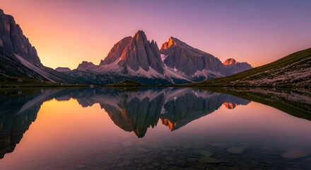 Majestic mountain peaks reflected in tranquil alpine waters under a breathtaking sky, a perfect blend of natural beauty and serene reflection at dawn or dusk