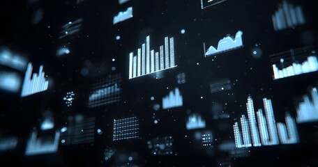 Digital data visualization, with charts and graphs floating in the air against a black background