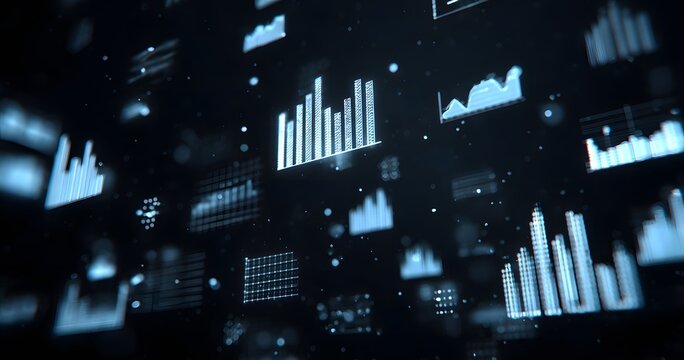 Digital data visualization, with charts and graphs floating in the air against a black background - Powered by Adobe