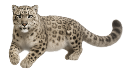 Snow leopard with thick, spotted fur and long, bushy tail stretched out