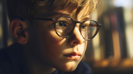 A close-up portrait of a gifted boy with glasses, a focused child in a sunlit classroom, an intelligent student deep in thought and contemplation, a cinematic image of a young genius and education.