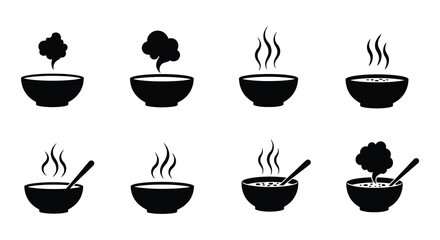 Black silhouettes of bowls with steam and spoons on white background