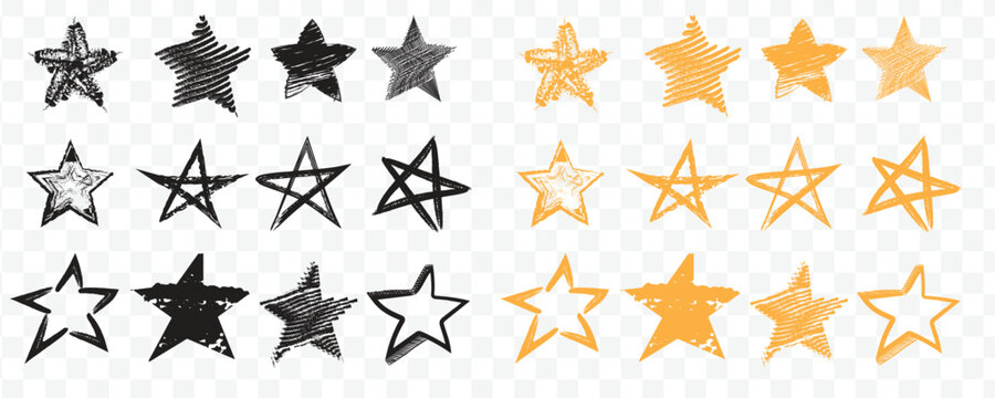 Hand drawn star shapes in black and gold offering a celestial and playful design element set