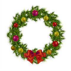 Vector realistic Christmas wreath with gold and red baubles. Glowing Christmas lights. Christmas tree decoration, ribbon and red bow. Winter fir branches. Holiday garlands of pine trees.