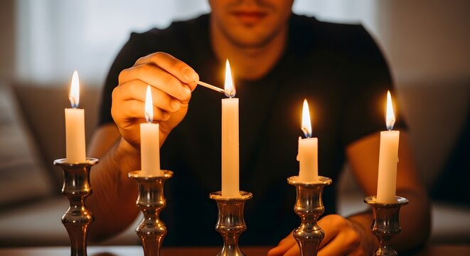 A man in a dark room carefully lights a row of five tall candles in ornate candlesticks.