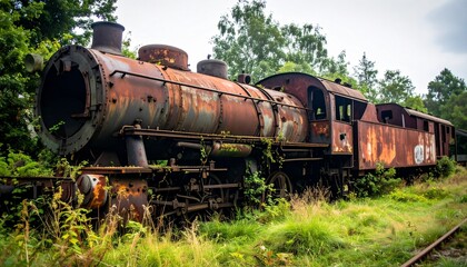 Naklejka premium Tren abandonado, corroido por el paso del tiempo, entre maleza