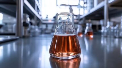 Laboratory glassware with orange liquid in a modern workspace environment showcasing scientific research and experiments