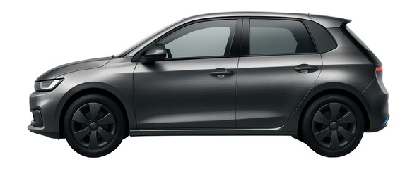 Hatchback with a wraparound rear window and plastic wheel covers