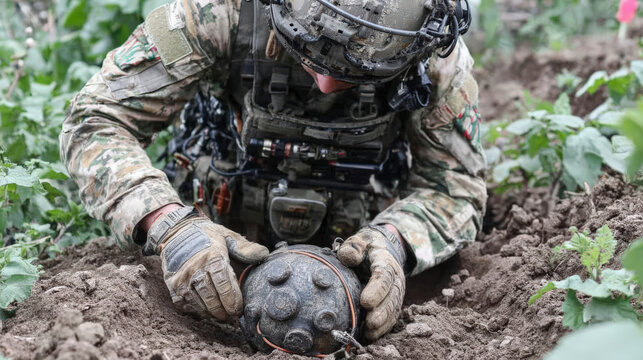 A soldier in camouflage gear carefully uncovers an old landmine in a field, demonstrating precision and safety in explosive ordnance disposal.